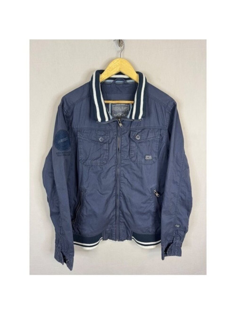 Diesel Jeans Navy Blue Cotton Bomber Jacket Mens Medium Full Zip Utility Coat